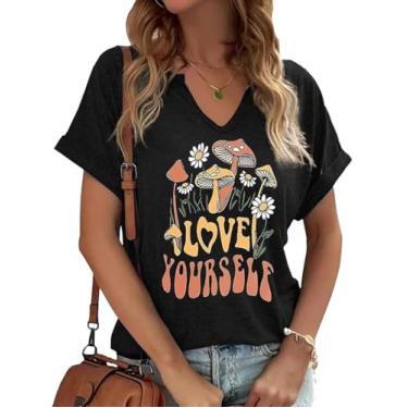 Imagem de Earlymemb Camiseta feminina vintage com estampa de flores e gola V Boho floral flores silvestres casual Cottagecore camiseta manga curta, O - preto, M