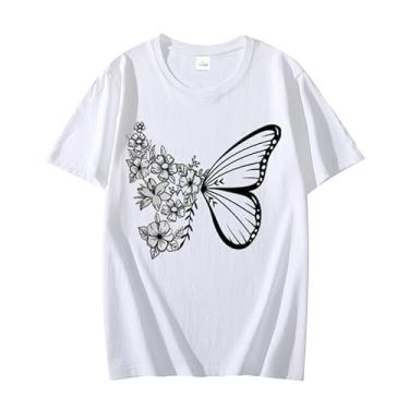 Imagem de Lindas camisetas femininas de borboleta de flores para o verão, lindas camisetas casuais de manga curta, gola redonda, Branco, PP