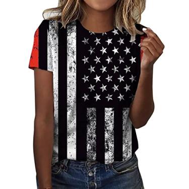 Imagem de Camiseta feminina com bandeira americana patriótica, túnica de manga curta, caimento solto, gola redonda, Memorial Day, 4 de julho, Cinza, GG