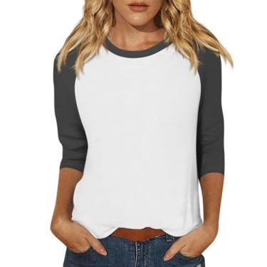 Imagem de Camisetas femininas de manga 3/4 de comprimento casual, caimento solto, gola redonda, cores contrastantes, túnica de comprimento três quartos, Branco, 3G