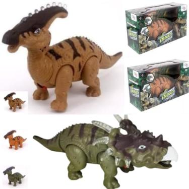Imagem de KIT 2 DINOSSAUROS INFANTIL COM Papassauro + TRICERATOPS Com Som Luz Movimento BRINQUEDO Anda RUGE DINO LUZES JURASSICO REX CRIANÇA ESTIMULA CRIATIVIDADE 26CM (MARROM)