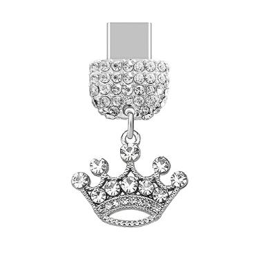 Imagem de ELISE & FONDA TP237 Tipo-C porta de carregamento USB cristal plugue antipoeira pequena coroa pingente de celular para Samsung Galaxy/Huawei/OnePlus/Xiaomi/oppo telefones Android (branco), approx. 2.5