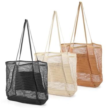 Imagem de VZZNN 3 bolsas de praia de malha impermeável para mulheres - Sacos de compras dobráveis de 23 L com bolso interno - Essenciais de viagem perfeitos para praia, piquenique e férias (preto, cáqui, bege)