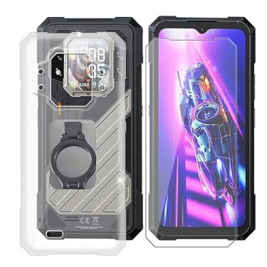 Imagem de Capa para celular Cubot KingKong X (6,5 polegadas) + vidro temperado, à prova de choque, capa transparente de silicone macio antiarranhões + protetor de tela com suporte retrátil - transparente