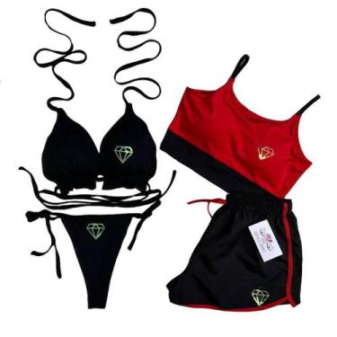 Imagem de Conjunto Biquini + Cropped com bojo e Short - Tornasolado - Gringas Mo