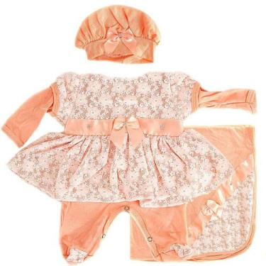 Imagem de Roupinha Boneca Baby Reborn 4PÇS Manta Lindo Salmão de Renda - Cegonha