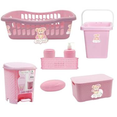 Imagem de Kit 6 peças Quarto Bebê kit Higiene Cesto Organizador Caixa Rattan Lix