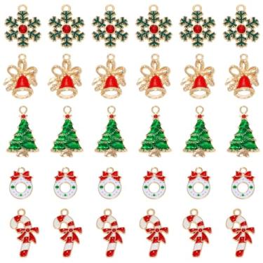 Imagem de Tupalizy 30 peças de pingentes de Natal para decoração de guirlanda de árvore de Natal, sinos de bengala doce, pingente de esmalte de floco de neve para fazer joias, pulseiras, colares, brincos,