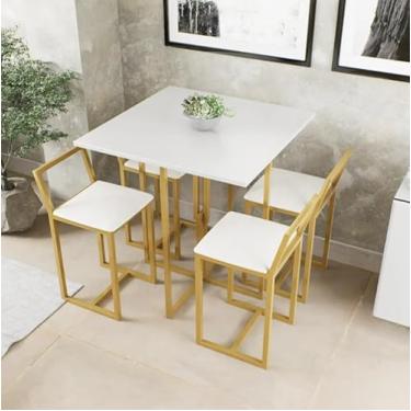 Imagem de Conjunto de Mesa Branca 4 Cadeiras Pequena Estofado Industrial Dourado (Laca Branca)