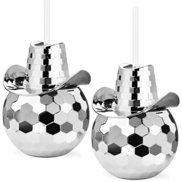 Imagem de ALINK Copos de bola de discoteca com chapéu de cowboy e canudos, copo de festa de discoteca brilhante prata de 590 ml, copos Taylor Swift para despedida de solteira, chá de noiva, decorações de copos