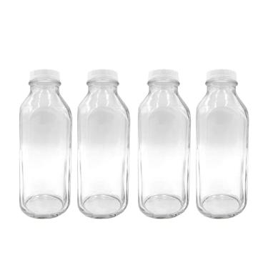 Imagem de The Dairy Shoppe Garrafa de leite de vidro de 1 litro com tampa, pacote com 4, estilo quadrado, 946 ml
