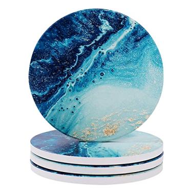 Imagem de Conjunto de porta-copos de pedras absorventes para bebidas, porta-copos de cerâmica, caneca de café, tapetes com base de cortiça, evita que os móveis fiquem sujos e arranhados, decoração de casa ideal para presente |Conjunto de 4 estilos Mandala, Azul marino, 4 inch