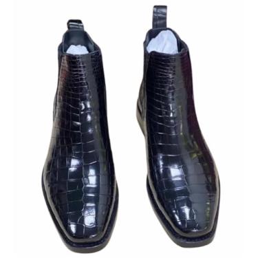 Imagem de Botas Chelsea masculinas clássicas feitas à mão com pele de crocodilo autêntica, estilo britânico, couro de jacaré, botas curtas masculinas, Preto, 39