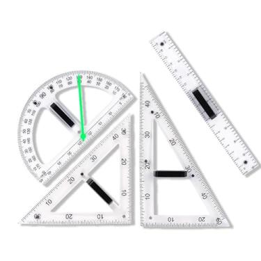 Imagem de Ferramenta de geometria magnética, transferidor, réguas triangulares, kit de medição de quadro negro de fácil fixação, transferidor de quadro de professor, kit multiuso grande (transparente-4 peças)