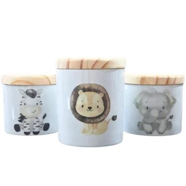 Imagem de Kit higiene bebê Safari 3 potes - Peças Porcelana Tampas Pinus - Antil