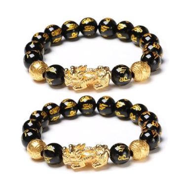 Imagem de Pulseira FengShui Riqueza e Sorte, Feng Shui Obsidiana Preta Pixiu Pulseira de Riqueza Prosperidade Buda Pulseira Elástica para Mulheres Homens Joias, Adjustable, Zinco, Sem Pedra Preciosa