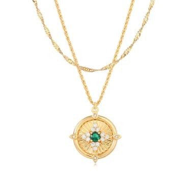 Imagem de LOYATA Colares femininos de ouro em camadas, banhado a ouro 14K, zircônia cúbica, diamante, gargantilha, delicada, verde, esmeralda, colar moderno, fofo, moeda, cruz, quatro folhas, trevo, pingente de