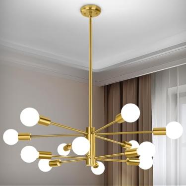 Imagem de BesLowe Lustre Sputnik Moderno De 12 Luzes, Lustres Dourados De Meados Do Século, Luminária Suspensa De Teto Estilo Fazenda Para Sala De Jantar, Quarto, Sala De Estar, Cozinha, Hall De Entrada, Altu