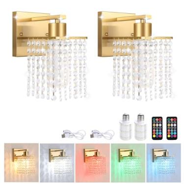 Imagem de Shenmoyl Conjunto De 2 Arandelas De Parede De Cristal Operadas Por Bateria, Luminária De Parede Recarregável Alimentada Por Bateria Com Controle Remoto, Luzes De Parede Sem Fio Reguláveis Modernas P