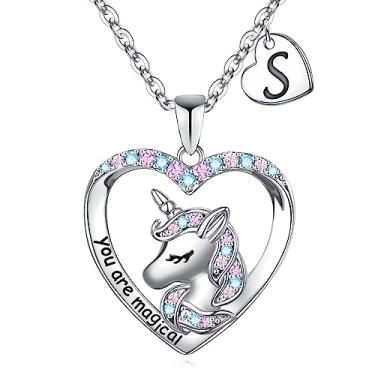 Imagem de Presentes de unicórnios para meninas, pingente de coração CZ banhado a ouro branco 14K You Are Magical Unicorn colar para meninas joias letra inicial unicórnio colares para meninas mulheres unicórnios presentes para meninas adolescentes meninas, Metal, Zircônia cúbica