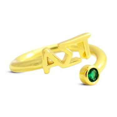 Imagem de Sorority Shop Anel Alpha Sigma Tau - Anel envolvente banhado a ouro 18 k com pedra preciosa verde e letras gregas Alpha Sigma Tau, presente de joia de irmandade, Latão com revestimento de ouro,