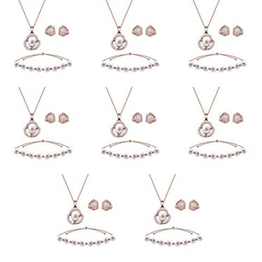 Imagem de Conjunto de joias de dama de honra para casamento, pingente trilateral banhado a ouro rosa/prata 18 K com colar de pérolas falsas, conjunto de pulseira para mulheres e meninas, presente "I Can't Say "I Do" Without You", Zinco Metal Pérola sintética, Strass Pérola sintética Sem Pedra Preciosa