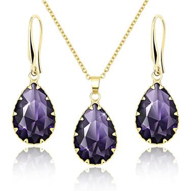 Imagem de Jertom Conjunto de joias de cristal austríaco banhado a ouro 14 k com pingente de gota e brincos em forma de pera para mulheres e meninas, amethyst set gold, Latão Cobre Pedra preciosa, Ametista Zircônia cúbica Diamante criado