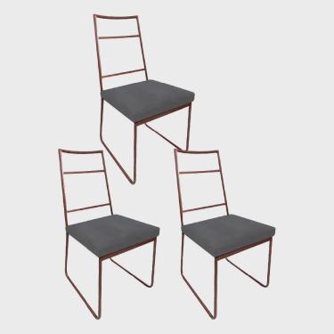 Imagem de Kit 03 Cadeiras Sala de Jantar Escritório Office Stark Industrial Ferro Bronze Suede Cinza - Ahz Móveis