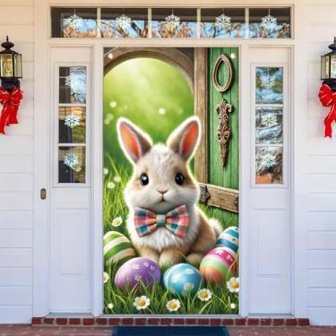 Imagem de Starlit Patio Capa de porta de Páscoa feliz decoração de ovos de páscoa faixa de coelho Bem-vindo primavera pano de fundo fotografia banner pendurado decoração para lembrancinhas de festa de Páscoa