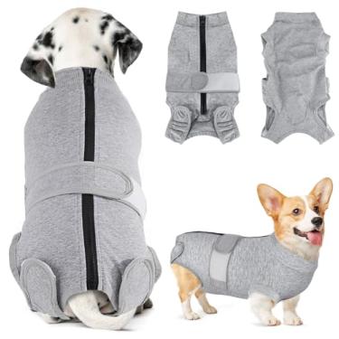 Imagem de Lukovee Terno de recuperação para cães, terno de recuperação com zíper para cães machos, macacão com cone de ferimentos abdominais alternativo para evitar lamber Spay Recovery Suit (4GG, cinza)