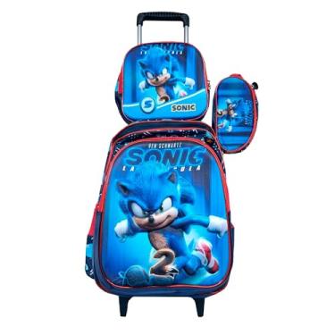 Imagem de Kit Mochila Infantil Sonic em 3D Alto Relevo com Rodinhas + Lancheira Térmica + Estojo Escolar Azul Escuro
