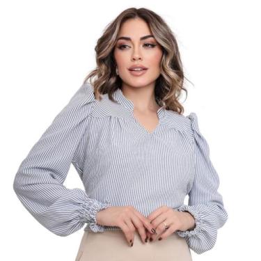 Imagem de Blusa Manga Longa Feminina Listrada Social Gola V Bufante - LOOK MODAS