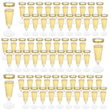 Imagem de FVIEXE Pacote com 100 taças de champanhe de plástico, taças de champanhe descartáveis de 142 g, taças de champanhe com borda dourada, taças de taça de champanhe de plástico transparente para festas de