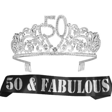 Imagem de Presentes de 50º aniversário para mulheres, tiara de 50º aniversário e faixa, artigos de festa de 50º aniversário felizes, faixa de cetim com glitter e tiara de cristal de 50º aniversário, decoração de festa de 50º aniversário