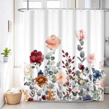 Imagem de Renaiss Cortina de chuveiro floral colorida de 182 x 182 cm para banheiro, aquarela, flor, planta, conjunto moderno de cortina de banho de tecido de poliéster à prova d'água com gancho de plástico