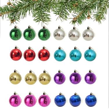 Imagem de Pacote com 24 mini bolas multicoloridas de 3,5 cm com glitter, conjunto de 8 cores, enfeites de árvore de Natal rústicos, mini decorações de árvore de Natal para árvores pequenas