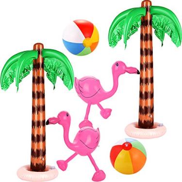 Imagem de meekoo 6 peças de palmeiras infláveis jumbo coqueiros rosa flamingos coloridos bolas de praia bolas de cor arco-íris para decoração de festa no Havaí Beach Luau