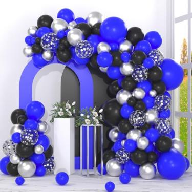 Imagem de Kit de arco de guirlanda de balões de 143 peças - Balão azul preto arco metálico prata balões para chá de bebê, aniversário, casamento, aniversário, despedida de solteira 2025, decorações de festa de