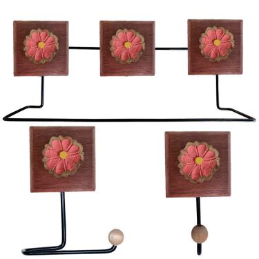 Imagem de Kit Banheiro 3 Peças Toalheiro Cabideiro Porta Papel Papel Com Flores Coloridas Cor Rosa