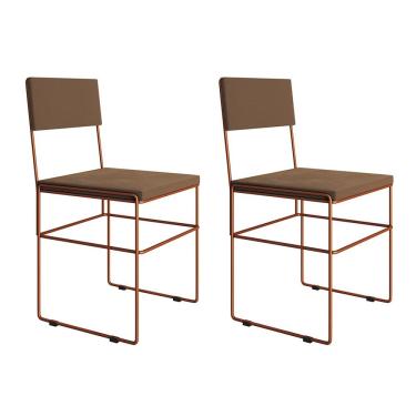 Imagem de Kit 2 Cadeiras De Jantar Industrial Estofadas Veludo Marrom Base Cobre Vitoria Marrom