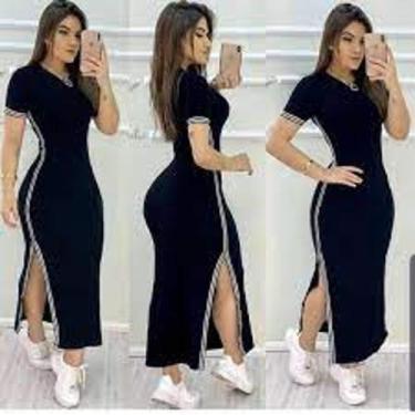 Imagem de vestido feminino longo gola rasa manga curta detalhe listra fina na la