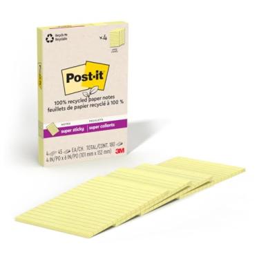 Imagem de Post-it Papel 100% reciclado, notas super adesivas, 2 x The Sticking Power, 10 x 15 cm, forrado, 4 blocos/pacote, 45 folhas/bloco, amarelo canário (4621R-4SSCY)
