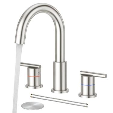 Imagem de Faustina Torneira de banheiro de 3 furos, torneiras de banheiro de níquel escovado para pia 3 furos/alça dupla/torneira de banheiro ampla de 20 cm, torneira de banheiro de aço inoxidável (ralo