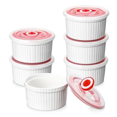 Imagem de MALACASA Ramequins com tampas 227 g - Conjunto de 6, ramequins de suflê creme brulee de porcelana branca com tampas, copos de creme de cerâmica para assar, podem ser lavados na lava-louças e no forno,