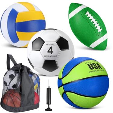 Imagem de HyDren Conjunto de 4 bolas esportivas sortidas para presente infantil operação escolar Natal tamanho oficial basquete, futebol, vôlei com bolsa de transporte e bomba para crianças de parquinho ao ar