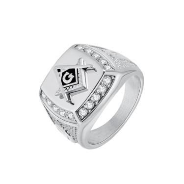 Imagem de PMTIER Anéis masculinos de aço inoxidável maçônico maçônico de zircônia cúbica banhada a ouro, Metal, Metal
