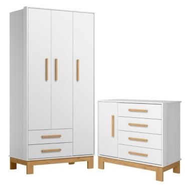 Imagem de Roupeiro Com 3 Portas E Cômoda Malta Branco Acetinado