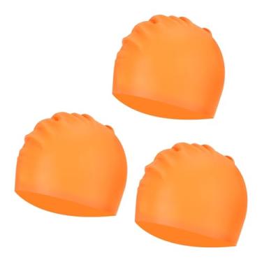 Imagem de YELARXI Touca de natação de silicone à prova d'água, confortável, antiderrapante, adequada para mulheres e homens, cabelo longo e curto adulto (3 peças, laranja)