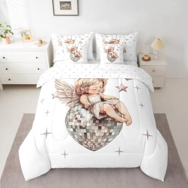 Imagem de Feelyou Conjunto de edredom vintage de anjo com lençol de 7 peças, arte romana antiga, tamanho casal, para crianças, meninos e meninas, lindo anjo, macio, luxuoso, branco