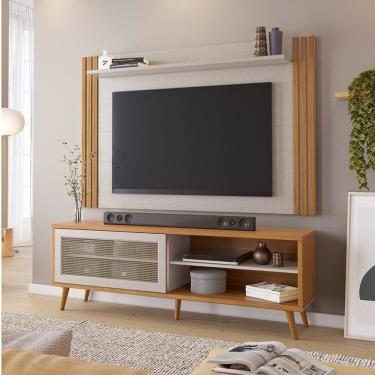 Imagem de Rack Com Painel Para Tv Até 65 Polegadas Com Ripado E Telinha Palhinha Freijó Trend/off White Tx